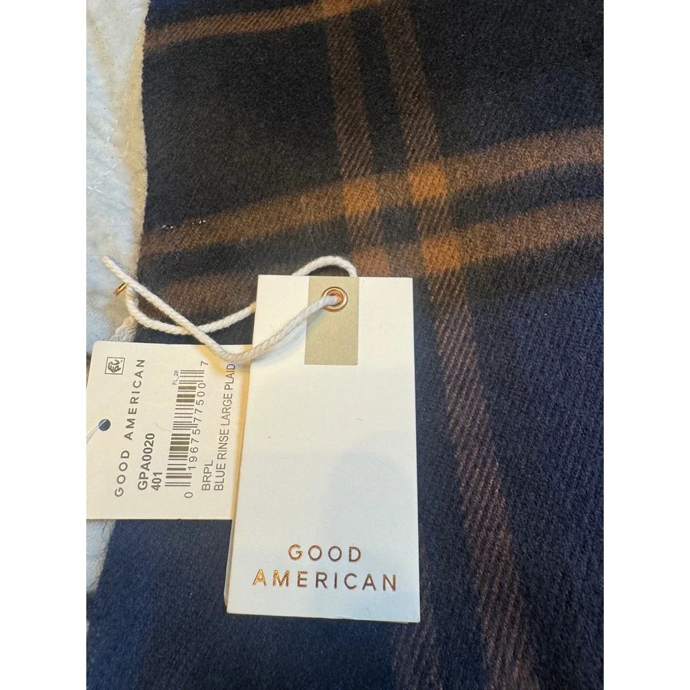 NWT Good American‎ Blue Rinse Plaid Oversized Scarf Wrap Wool Blend Fringe